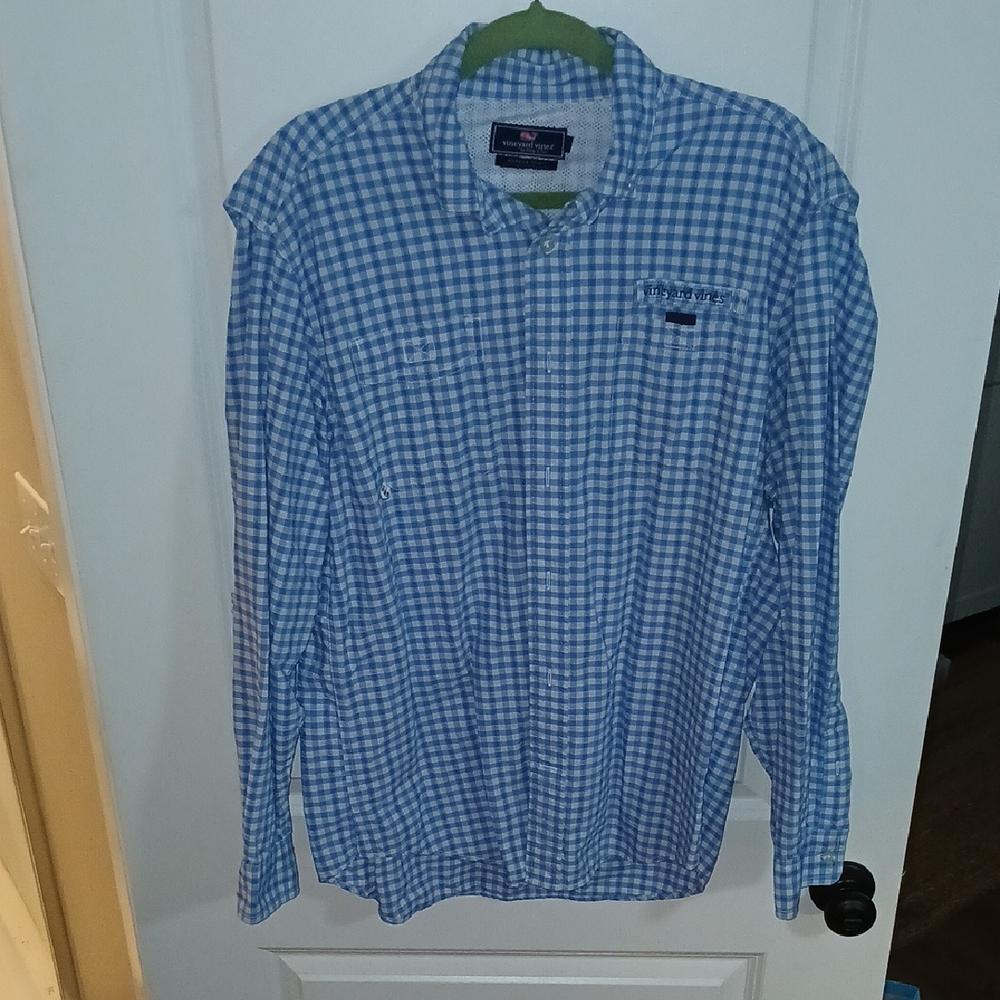 Vineyard Vines Men's Harbor Shirt Blue Gingham Shirt W/ Sweat Wicking Tech.